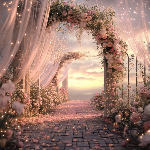 Enchanting fairy tale wedding with sunset sky