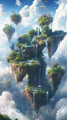 Enchanting floating islands with rainbow bridges and magical creatures.