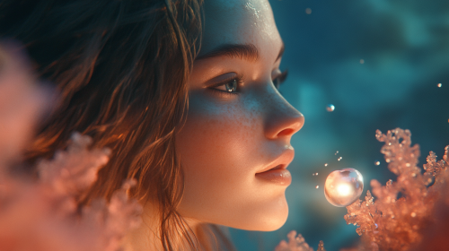 Mermaid with glowing pearl in underwater scene.