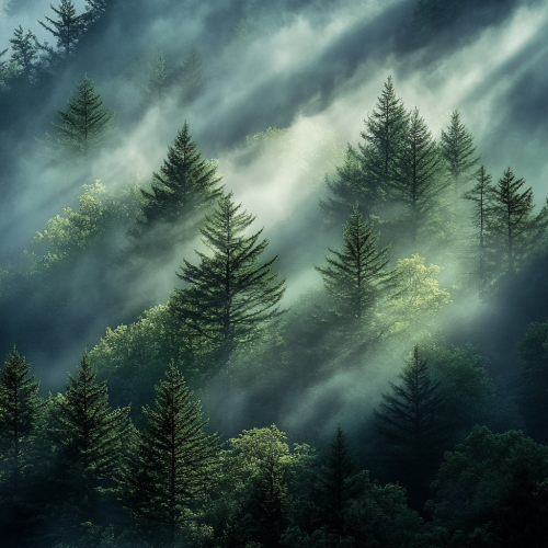 Enchanting misty forest in ethereal light