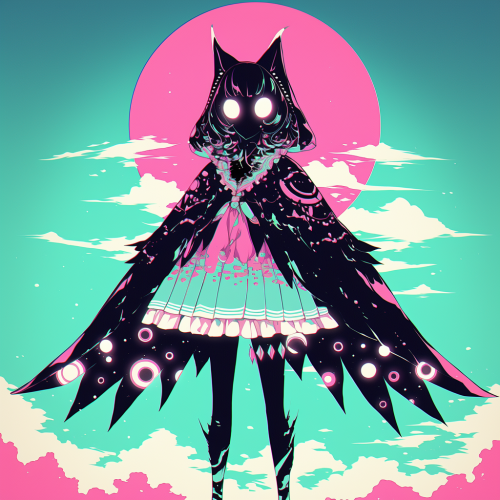 Enchanting owl girl in spooky costume with colorful background