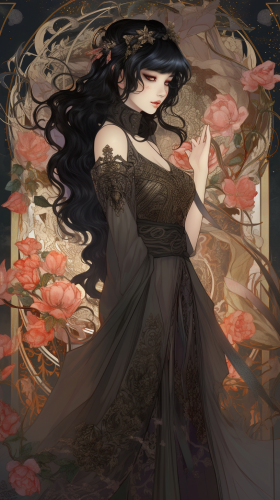 Enchanting sorceress in black rose gown on Halloween night Enchanting sorceress in black rose gown on Halloween night