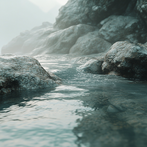 Enchanting water flowing over ancient rocks with mist