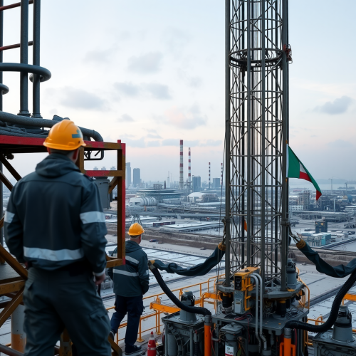 Engineers on advanced drilling rig near Iranian flag.