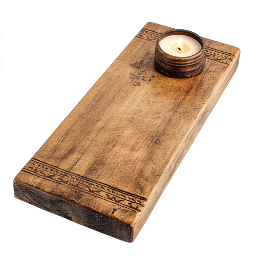Engraved wooden board enhancing candle display, antique look.