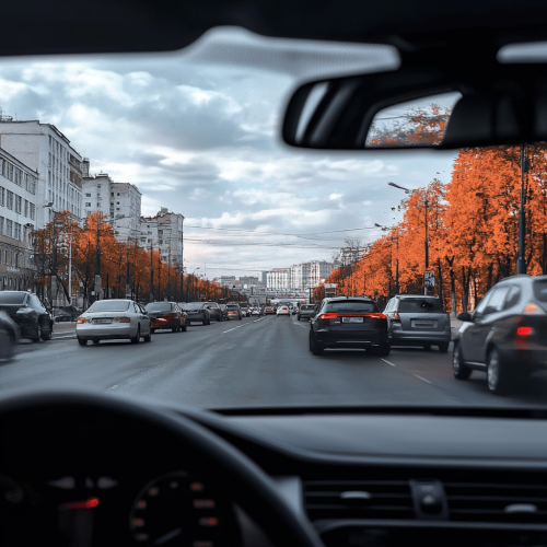 Enhanced car view with glare reduction through eyeglass.