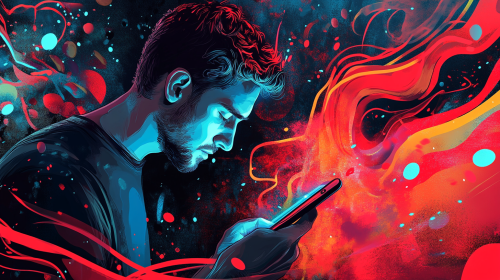 Enraptured man in trance with glowing mobile game screen. Enraptured man in trance with glowing mobile game screen.