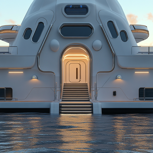 Entrance of a futuristic ship on water