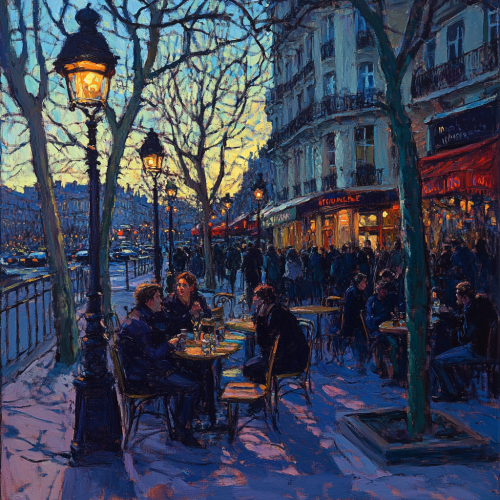 Erin Hanson painting, Paris scene, electric blue, terracotta.