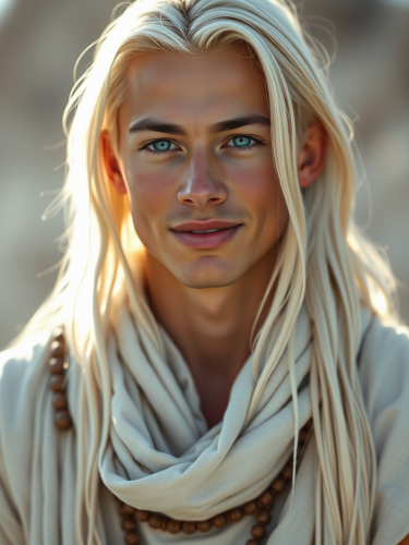 Ethereal Blonde Man in Tribal White Attire
