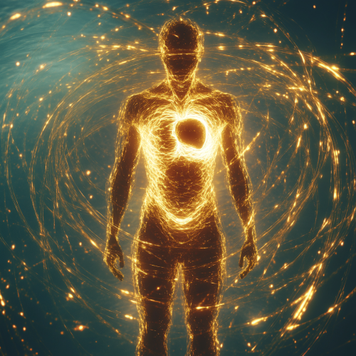 Ethereal Energy: Human Figure's Heart Shines Golden