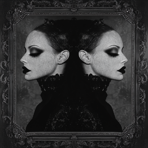 Ethereal female ghost in grayscale, reflecting in square mirror.