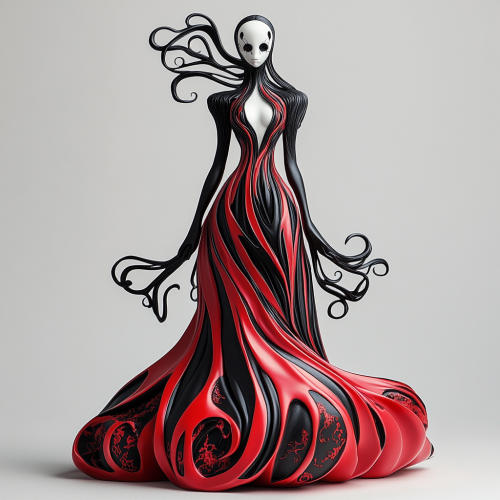 Ethereal figure with flowing gown and skull details.