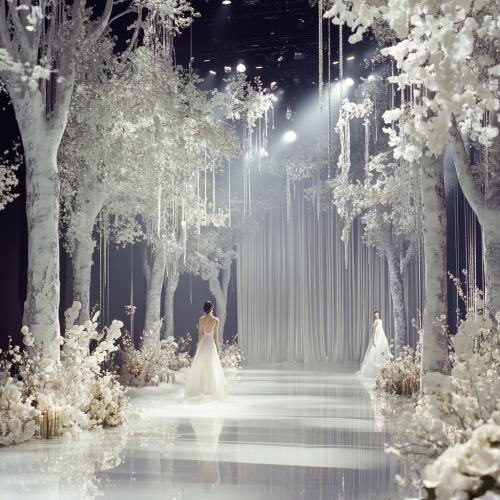 Ethereal forest stage with white trees, flowers, and lighting.