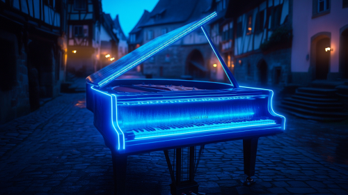 Ethereal image of electric neon grand piano.