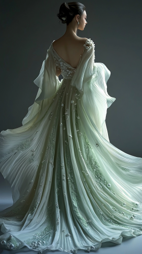 Ethereal white gown with green, pearls, and embroidery