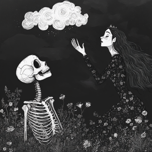 Ethereal woman gazes at fragile skeleton below