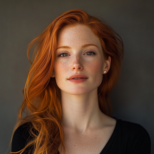 Ethereal woman with red hair, strong jawline portrait