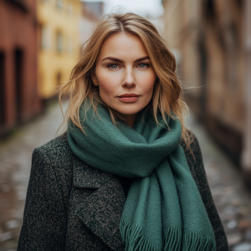 European Female Model in Seaweed Color Cashmere Scarf European Female Model in Seaweed Color Cashmere Scarf