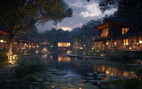Evening luxury riverside hotel design inspired by lily pads.