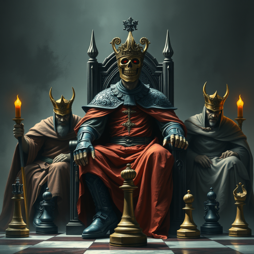 Evil King on Throne with Secretaries and Chess