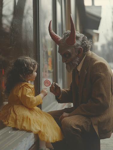 Evil old man giving child lollipop photo