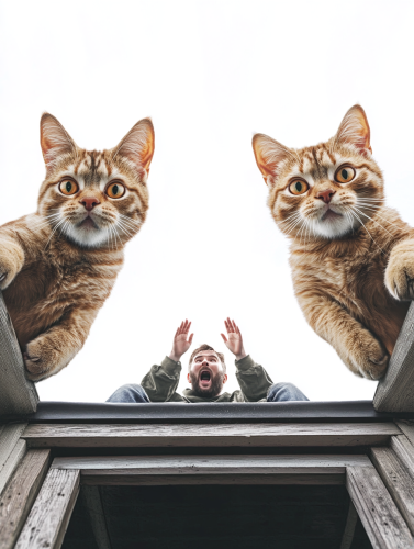 Exaggerated Cats Drop Surprise Human