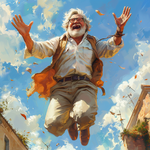 Excited 50-year-old man jumping joyfully outdoor