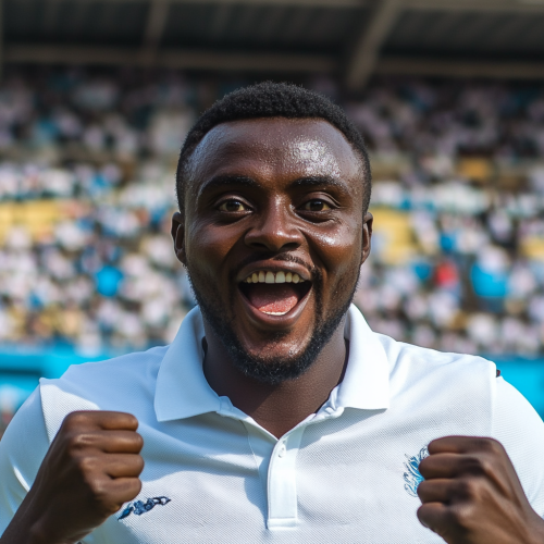 Excited Tanzanian man celebrates victory in packed stadium