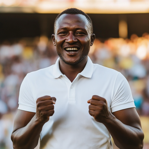 Excited man celebrates victory in glittering stadium