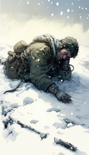 Exhausted soldiers in snow-covered battlefield with frozen weapons. Exhausted soldiers in snow-covered battlefield with frozen weapons.