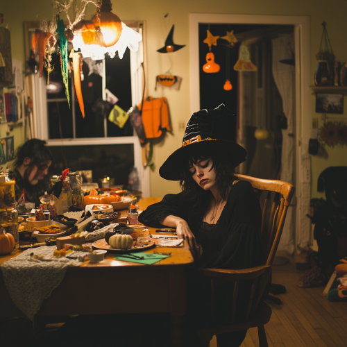 Exhausted woman in witch costume at Halloween party