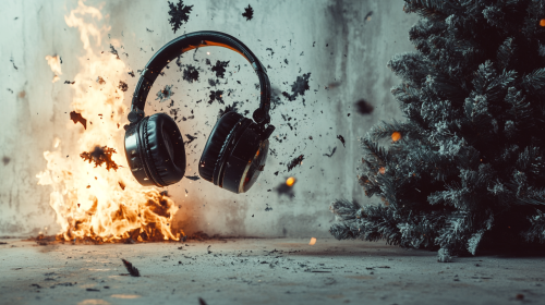 Exploding headphones near burning tree in stylish room