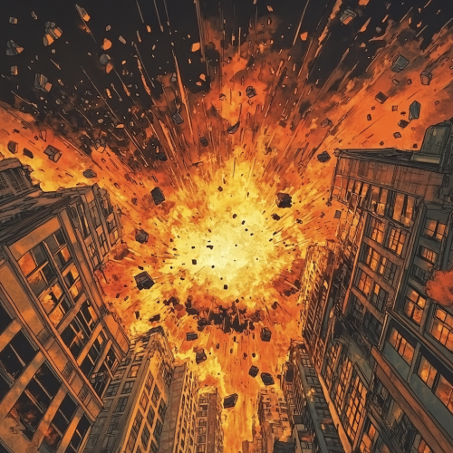 Explosion under burning building, cityscape view from below