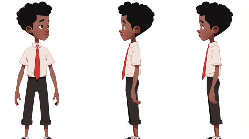 Expressive Afro Boy: Front, Left, Back Views