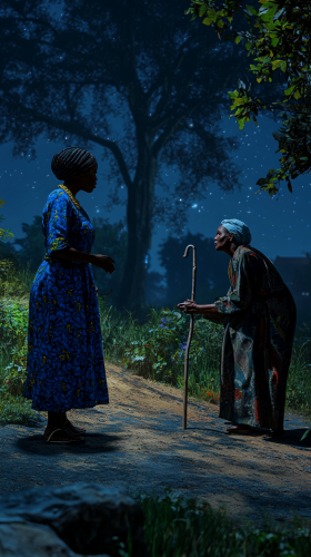 Ezinne, Nigerian midwife, in forest clearing with old woman.