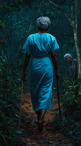 Ezinne, midwife, Nigerian, 54, fat, braids, uniform, forest.