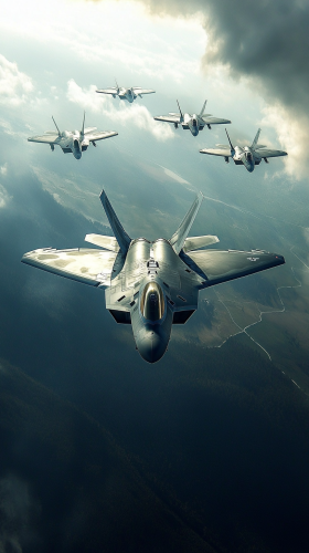F-22 Raptor in stealth, F-15 Eagles unable to locate.