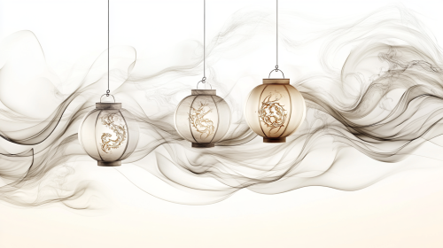 Fading lantern symbols over soft ink ripples