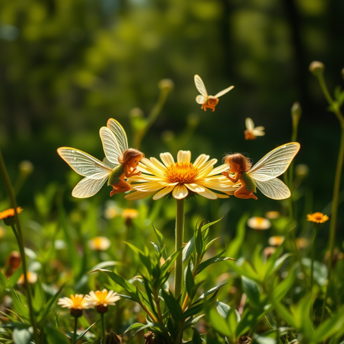Fairies dance around flower in clearing. Sunny day.
