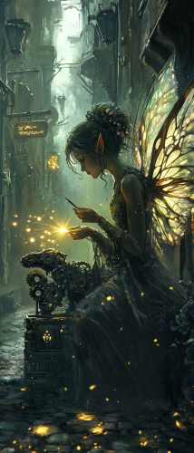 Fairy inscribes glowing runes onto construct dog. Ethereal dark fantasy setting with watercolor art style. Fairy inscribes glowing runes onto construct dog. Ethereal dark fantasy setting with watercolor art style.