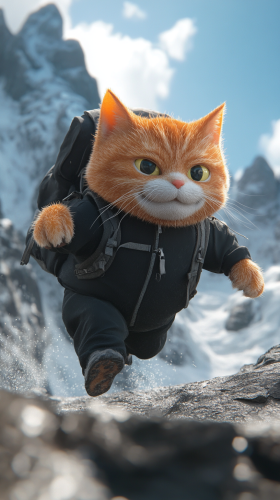 Falling fat cat in mountain, scared, Pixar style