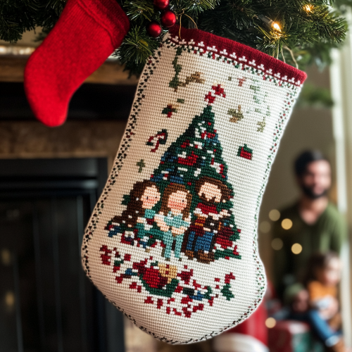 Family's Christmas Stocking under the Tree with Parents