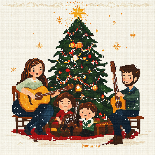 Family Christmas Guitar Stocking Illustration Under Tree