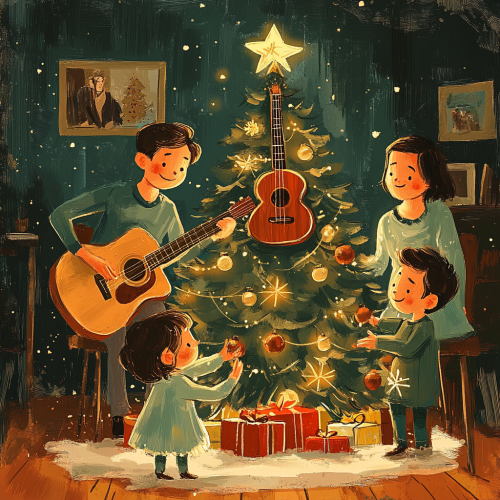 Family Christmas with children, parents, and guitar