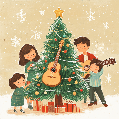 Family Christmas with parents and children around tree