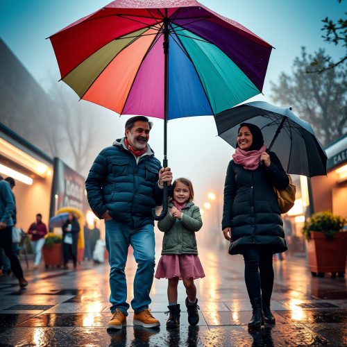 Family Under Umbrella Taking Family Portrait In Rain