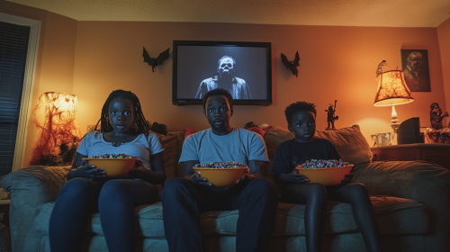 Family Watching Halloween Movie with Candy Bowls Family Watching Halloween Movie with Candy Bowls