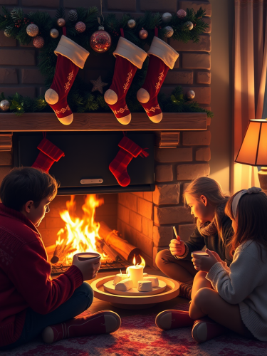 Family by Fireplace with Hot Cocoa