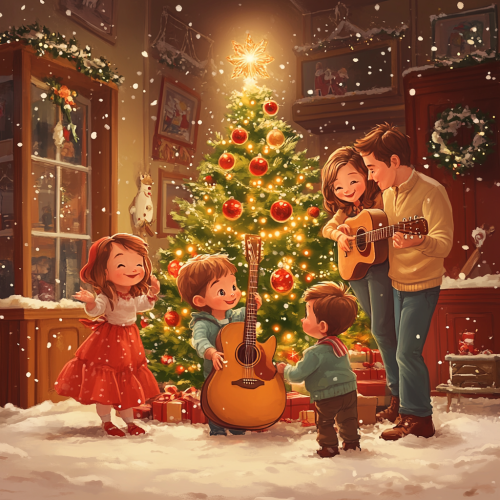 Family celebrates Christmas with guitar by tree
